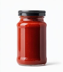 A glass jar filled with vibrant red sauce