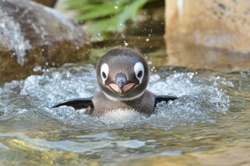 Obraz premium Charming Humboldt Penguin Chick Swimming in Water Eye-Level Shot at Zoo Enclosure Captivating Gaze