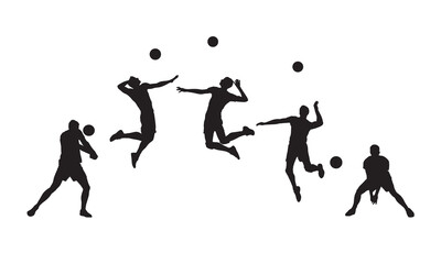 Volleyball, group of isolated vector silhouettes of volleyball players, team sports