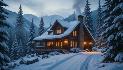 Fototapeta premium A cozy cabin glows warmly against a snowy mountain backdrop under a twilight winter sky