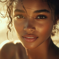 Radiant portrait of a woman with warm, sun-kissed skin and captivating eyes