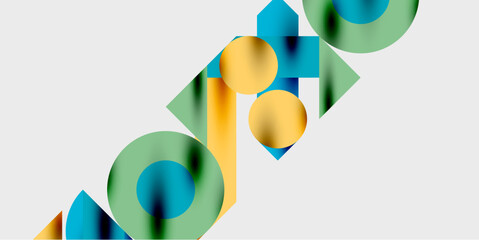 Abstract geometric shapes overlap, creating colorful text effect. Modern design utilizes gradients, shadows. Minimalist composition.