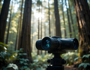 Binoculars Focused in Forest with Sunlight and Lush Green Trees