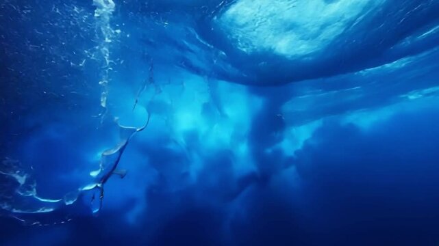 Underwater Realm: An eye-level perspective reveals an ethereal underwater scene, with a majestic whale gracefully navigating the deep blue ocean, its tail cutting through the water surface.