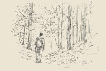 Minimalist Line Drawing of Man Walking on Forest Trail