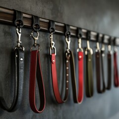 A diverse collection of stylish leather dog leashes hanging on a wooden rack, showcasing various colors and textures.