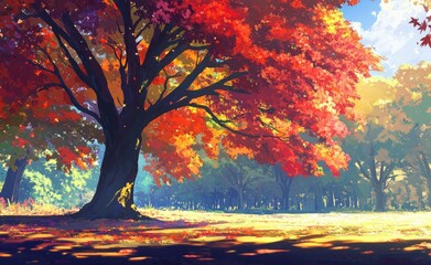 Autumnal park scene with vibrant foliage