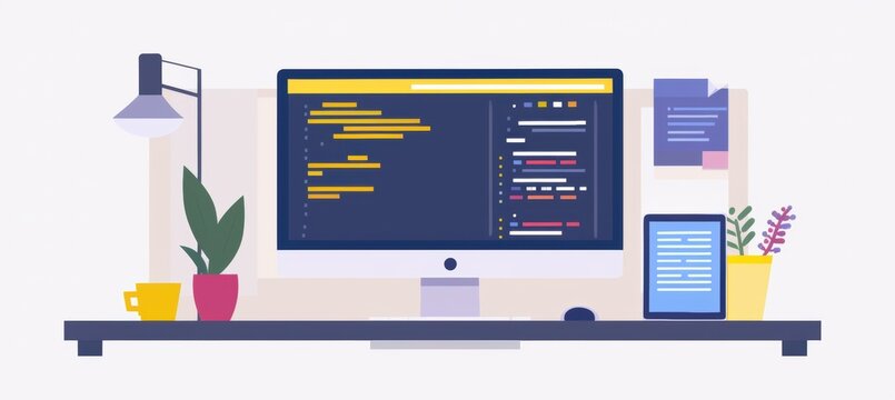 Modern Workspace with Monitor Displaying JavaScript Code and Tablet with Prototypes