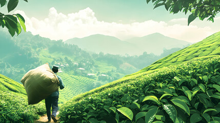 Fototapeta premium Person carries a large sack through a tea plantation with rolling hills in background.
