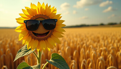 Smiling sunflower with sunglasses blooms in a field, full of summer fun.