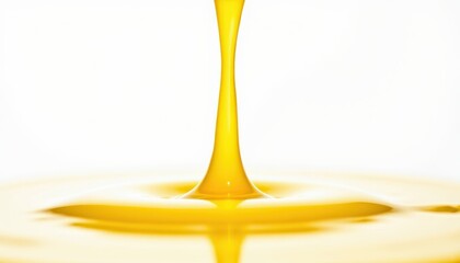 A golden-yellow liquid is being poured, creating ripples and a glossy surface.