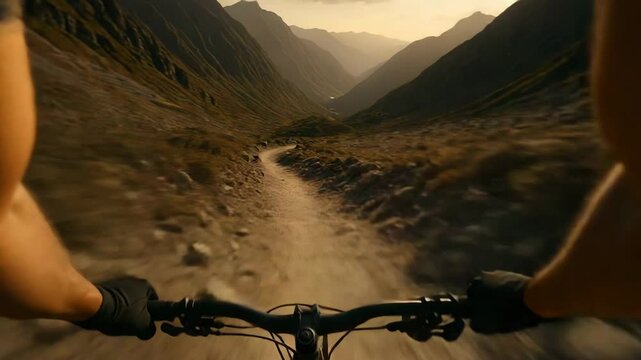 Head on view of a mountain bike racing down a mountainous terrain
