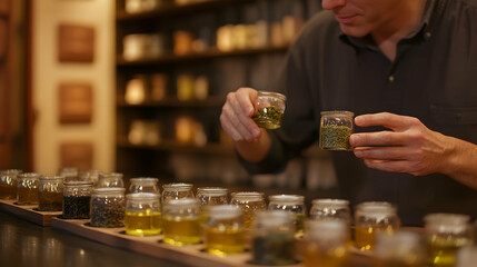 A person examines small jars of liquid in a dimly lit setting.