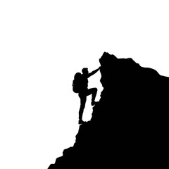 Silhouette of a man with a backpack climbing a rock formation against a white background outdoors