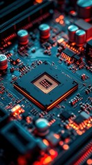 Fototapeta premium Close-up of a computer circuit board with a central processing unit