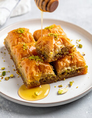 A plate of Egyptian baklava with honey drizzle, garnished with pistachios and flaky layers.