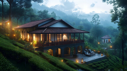 Obraz premium A wooden house sits on a hillside surrounded by lush green vegetation and trees.