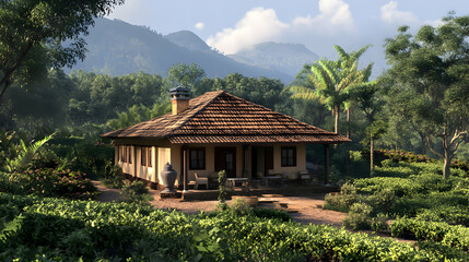 Fototapeta premium A rustic house sits amidst lush greenery with mountains in the background.