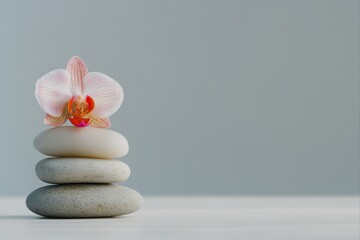 Zen stones stacked with orchid flower for wellness and meditation practices