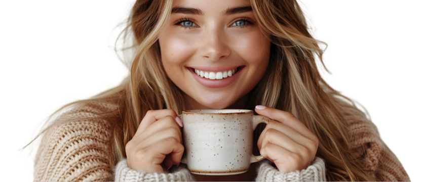 Woman enjoys hot drink with cozy sweater. - Powered by Adobe
