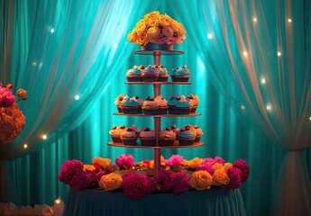 Elegant cupcake tower with floral accents