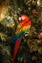 Fototapeta premium A vibrant scarlet macaw perched amidst lush tropical foliage, showcasing its stunning colors and grace.