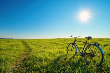 Bicycle on meadow under bright sky for recreation, travel, and nature concepts.