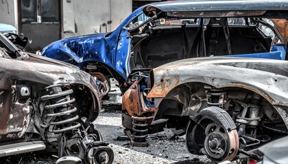 Fototapeta premium Automotive aftermath: Twisted metal and rust depict destruction and salvage yard