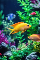Naklejka premium Vibrant orange cichlid fish swimming amidst colorful aquarium plants and fish.