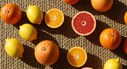 Fresh Citrus Fruits Composition Orange Lemon Grapefruit on Textured Surface