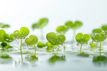 Green sprouts with water droplets, symbolizing growth and freshness. use cases: ecology, agriculture, and environmental awareness.