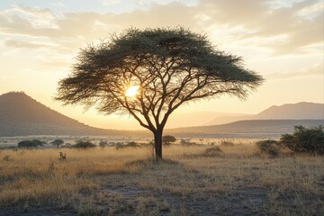 African landscape with acacia tree at sunset for travel, nature photography and documentaries.