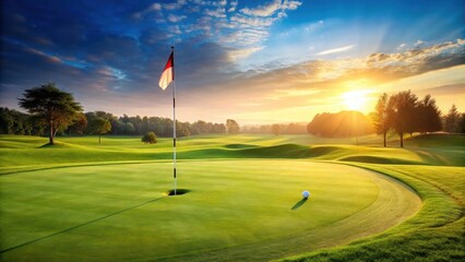 Obraz premium Serene Golf Green Landscape with Hole and Flag, flag, sports equipment