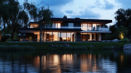 Obraz premium 3d rendering of modern house by the river house, luxury, villa, modern, architecture, building, exterior, residential, property, designer