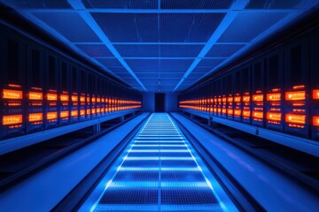 Illuminated server room with glowing hardware for data storage, processing, and network infrastructure use cases