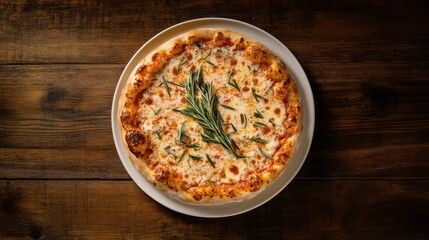 Overhead shot of fresh mozzarella pizza with rosemary sprigs on white plate on dark wood table surface
