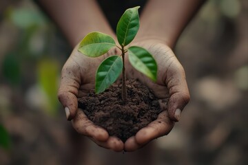 Sapling in hands with soil, depicting growth and care, for environmental projects, agriculture, and conservation efforts.