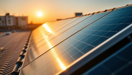 Close-up view of solar panels on a rooftop, angled towards the sun, energy independence, climate change