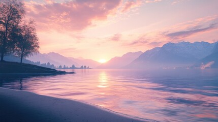 Fototapeta premium Tranquil lakeside scenery with mountains reflected in the water at sunset