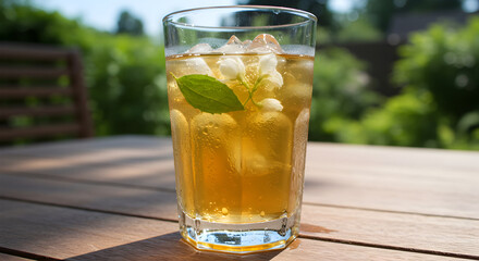 Refreshing Iced Tea With Jasmine Flowers and Mint On Wooden Table