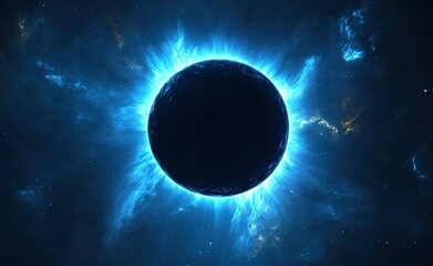 Cosmic celestial body surrounded by vibrant blue energy