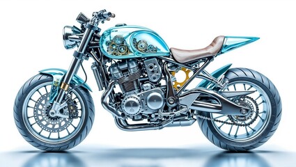 A custom motorcycle with a transparent light blue fuel tank revealing gears, metallic chrome frame, tan leather seat, and modern tires on a white background.