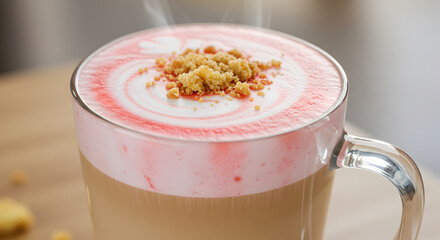 Steaming Pink Latte Art With Crumble Topping In Glass On Wooden Surface