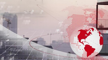 White 3D globe rotating with orbital lines over urban skyline with hexagonal mesh overlays - Powered by Adobe