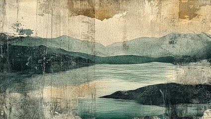 Muted tones blend into a grungy collage of water landscapes in this abstract montage emphasizing artistic design and tranquil aesthetics within natural compositions.