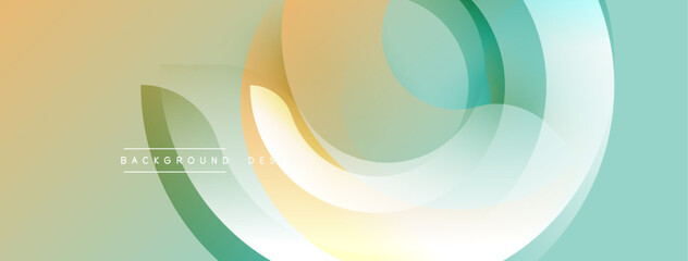 Abstract design features overlapping circles, soft gradients. Colors include beige, teal, pale yellow. Minimalist aesthetic, modern feel.