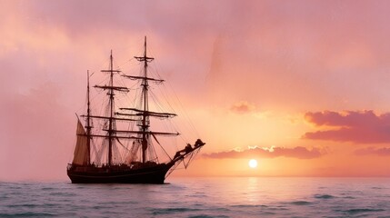 Majestic sailing ship at sunset on calm ocean waters with vibrant sky