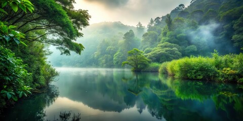 Fototapeta premium Dense foliage in a dark green bush landscape with a serene lake and misty atmosphere , dark green, nature, dark green, nature