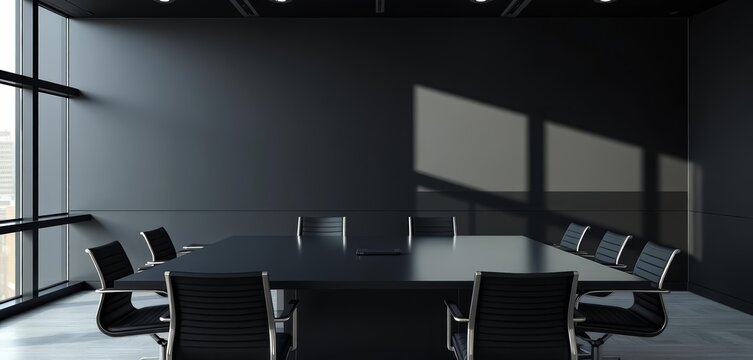 Modern conference room, minimalist black wall, empty table, clean, business