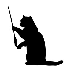 Silhouette cat playing with toy wand vector illustration feline pet animal domestic playful cute kitty